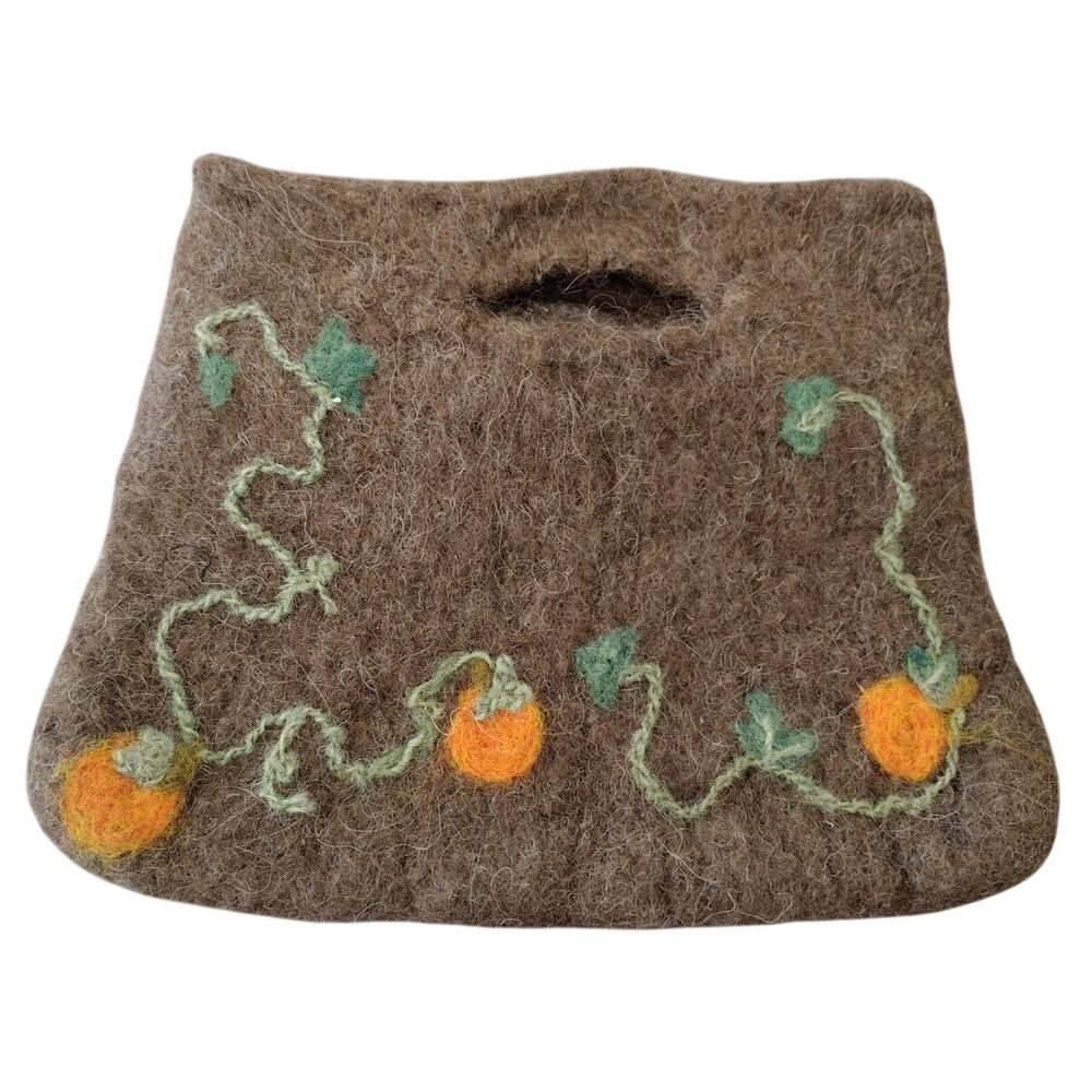 Vintage Handmade Brown Wool Pumpkin Vine Handbag 10x8 Folksy Autumn Fall Hippie